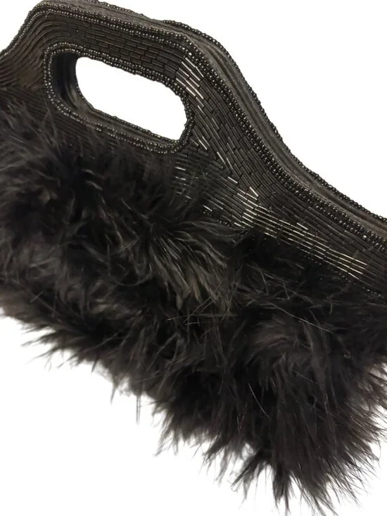Black Faux Fur Beaded Handle Evening Clutch Bag By Ermo - Picture 3 of 7
